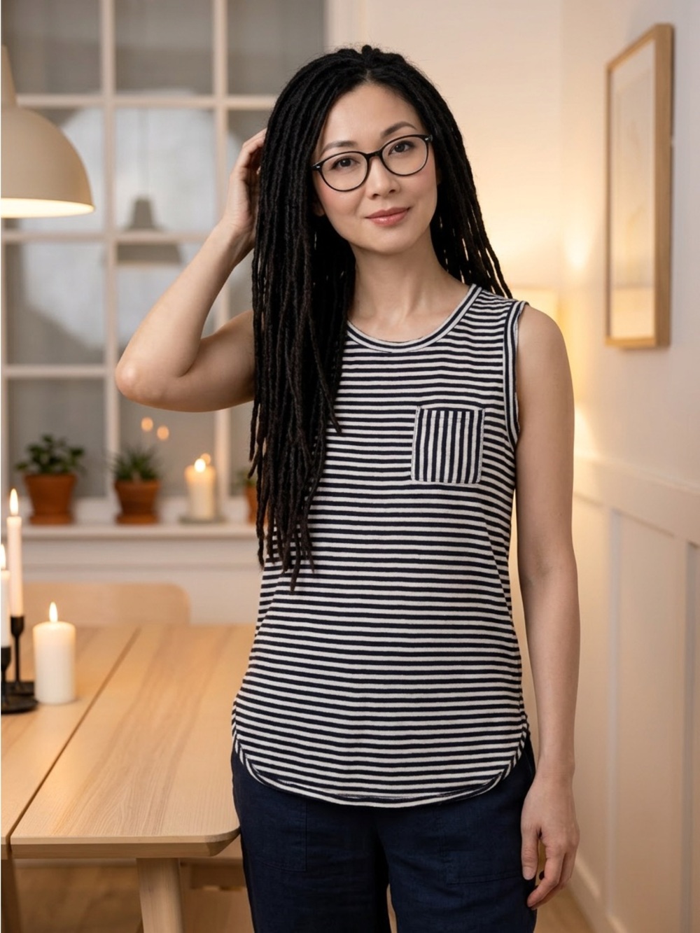 Pink Rose Casual Sleeveless Blue White Striped Crewneck Pocket Tee Tank Shirt-M